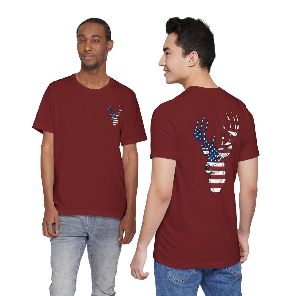 Patriotic Deer Head Graphic Tee — Red White & Blue Double-Sided Hunting Shirt | S–3XL