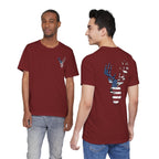 Patriotic Deer Head Graphic Tee — Red White & Blue Double-Sided Hunting Shirt | S–3XL