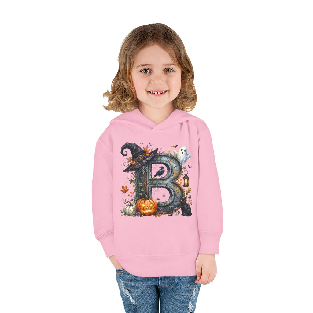 Toddler Hoodie — Halloween Custom Initial Pullover (Witch Hat, Pumpkin & Ghosts)
