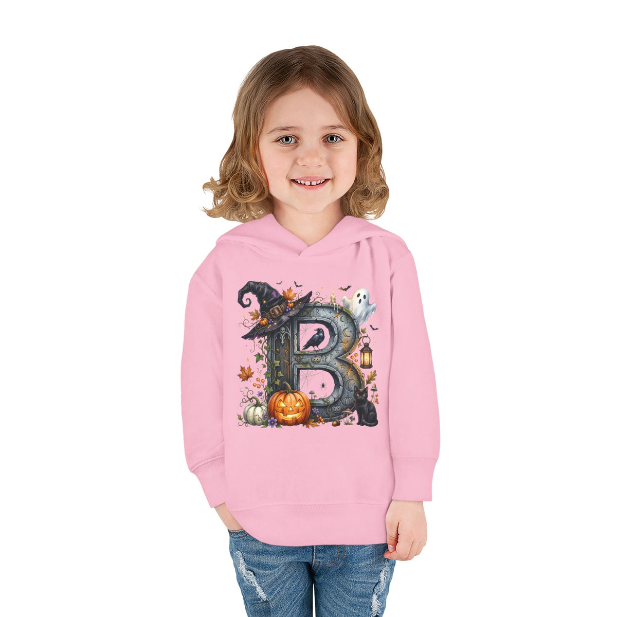 Toddler Hoodie — Halloween Custom Initial Pullover (Witch Hat, Pumpkin & Ghosts)