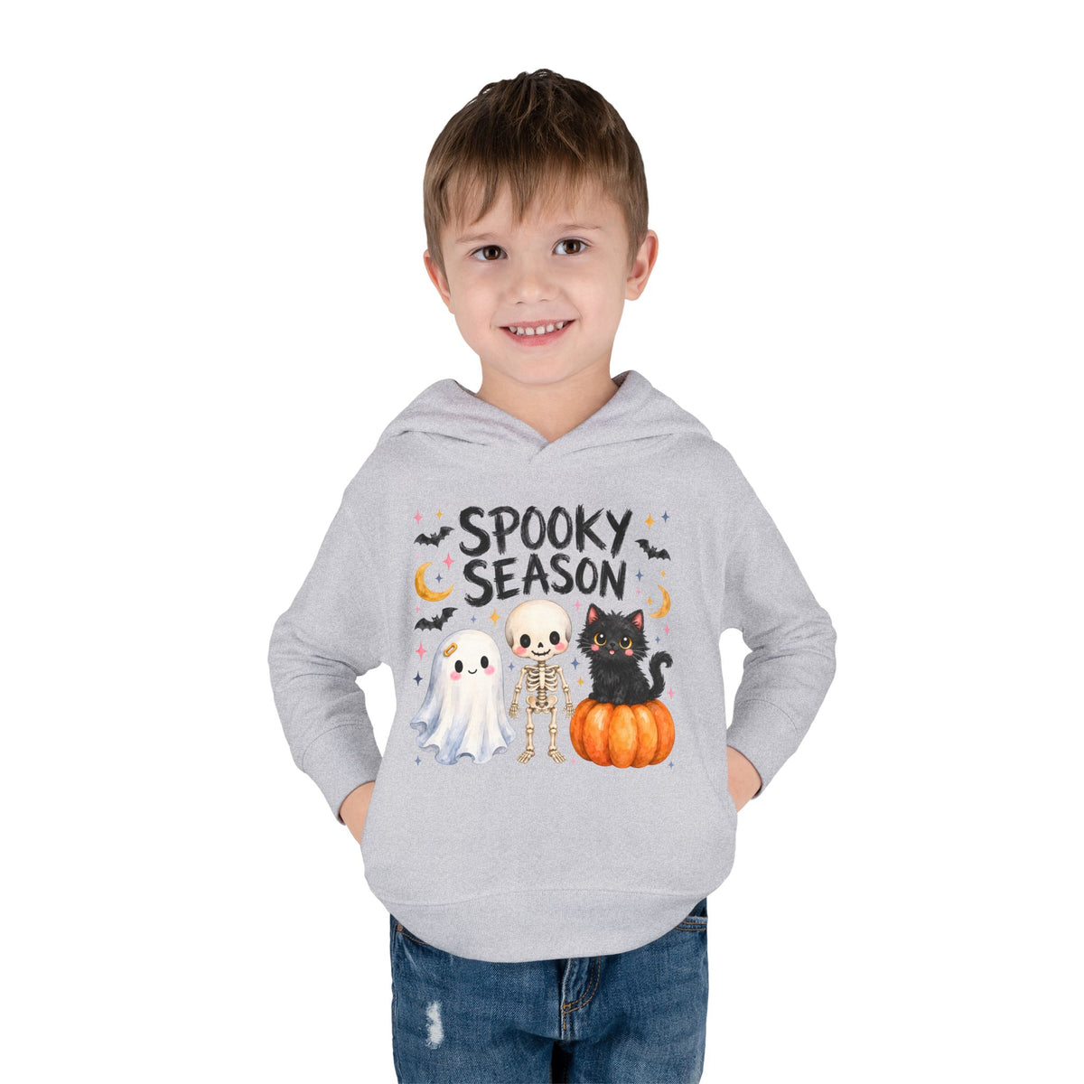 Toddler Hoodie — "Spooky Season" Cute Ghost, Skeleton & Black Cat Halloween Pullover