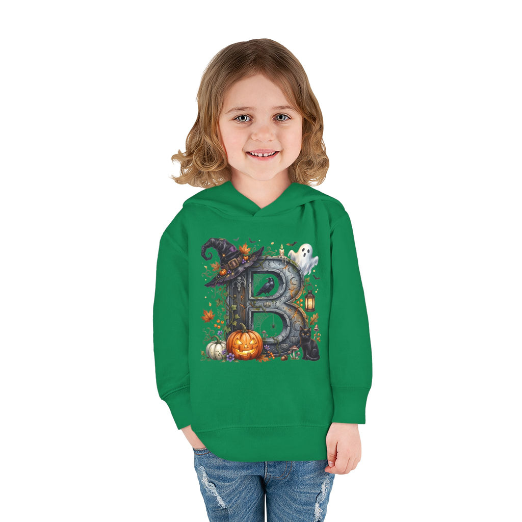 Toddler Hoodie — Halloween Custom Initial Pullover (Witch Hat, Pumpkin & Ghosts)