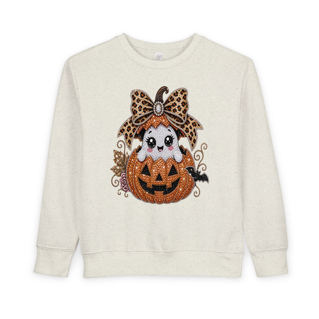 Kids Halloween Sweatshirt — Cute Ghost in Leopard Bow Pumpkin