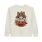 Kids Halloween Sweatshirt — Cute Ghost in Leopard Bow Pumpkin