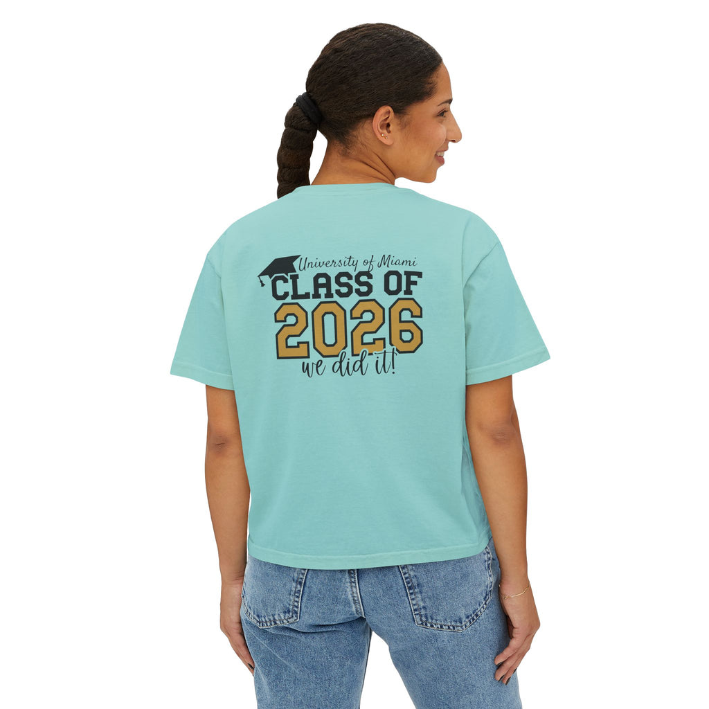 Class of 2026 FRONT & BACK Women's Boxy, Slightly Cropped Tee – Customize School Name Optional Graduation T‑Shirt