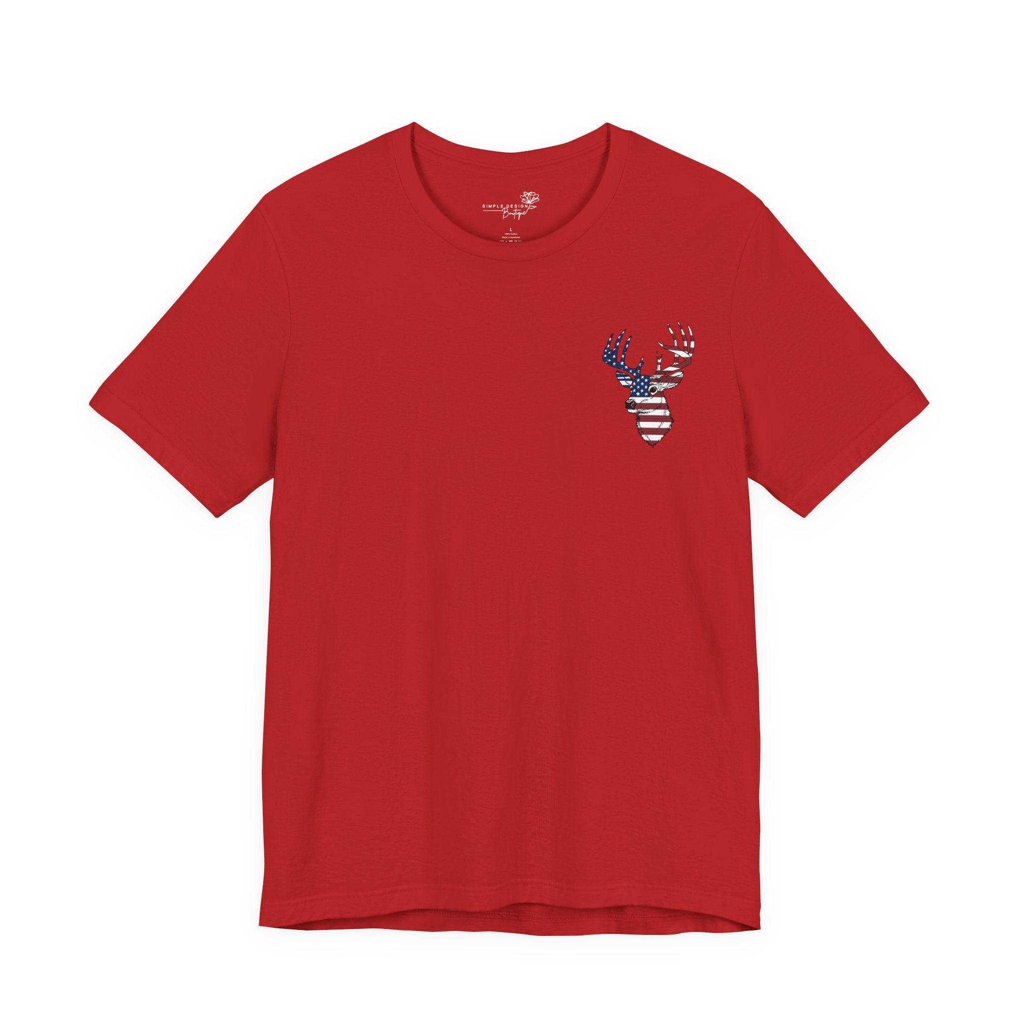 Patriotic Deer Head Graphic Tee — Red White & Blue Double-Sided Hunting Shirt | S–3XL