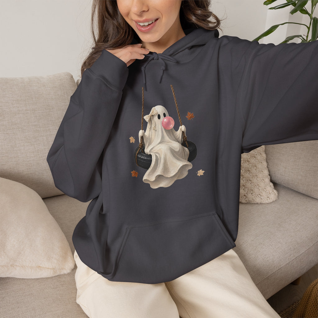 Cute Bubblegum Ghost on a Swing - Halloween Hoodie