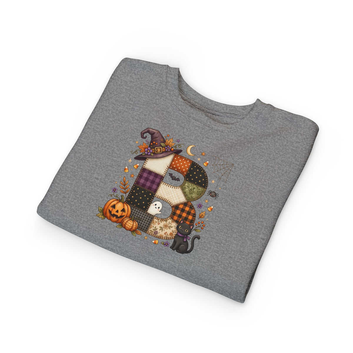 Kids Halloween Custom Initial Sweatshirt — Patchwork Pumpkin Witch Hat Design