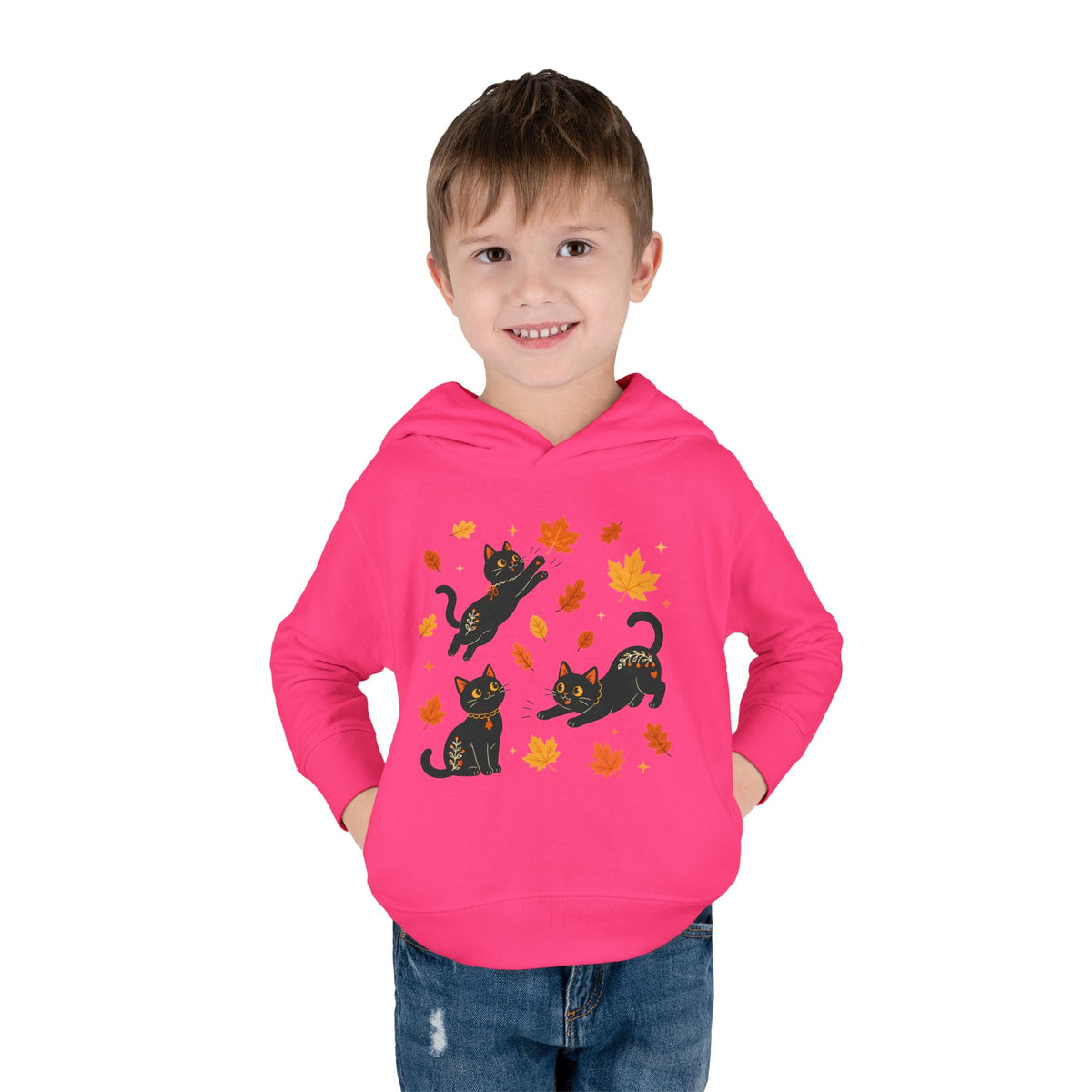Toddler Hoodie — Playful Black Cats with Falling Autumn Leaves