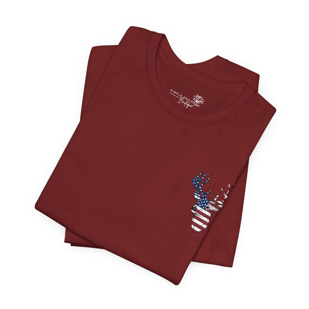 Patriotic Deer Head Graphic Tee — Red White & Blue Double-Sided Hunting Shirt | S–3XL