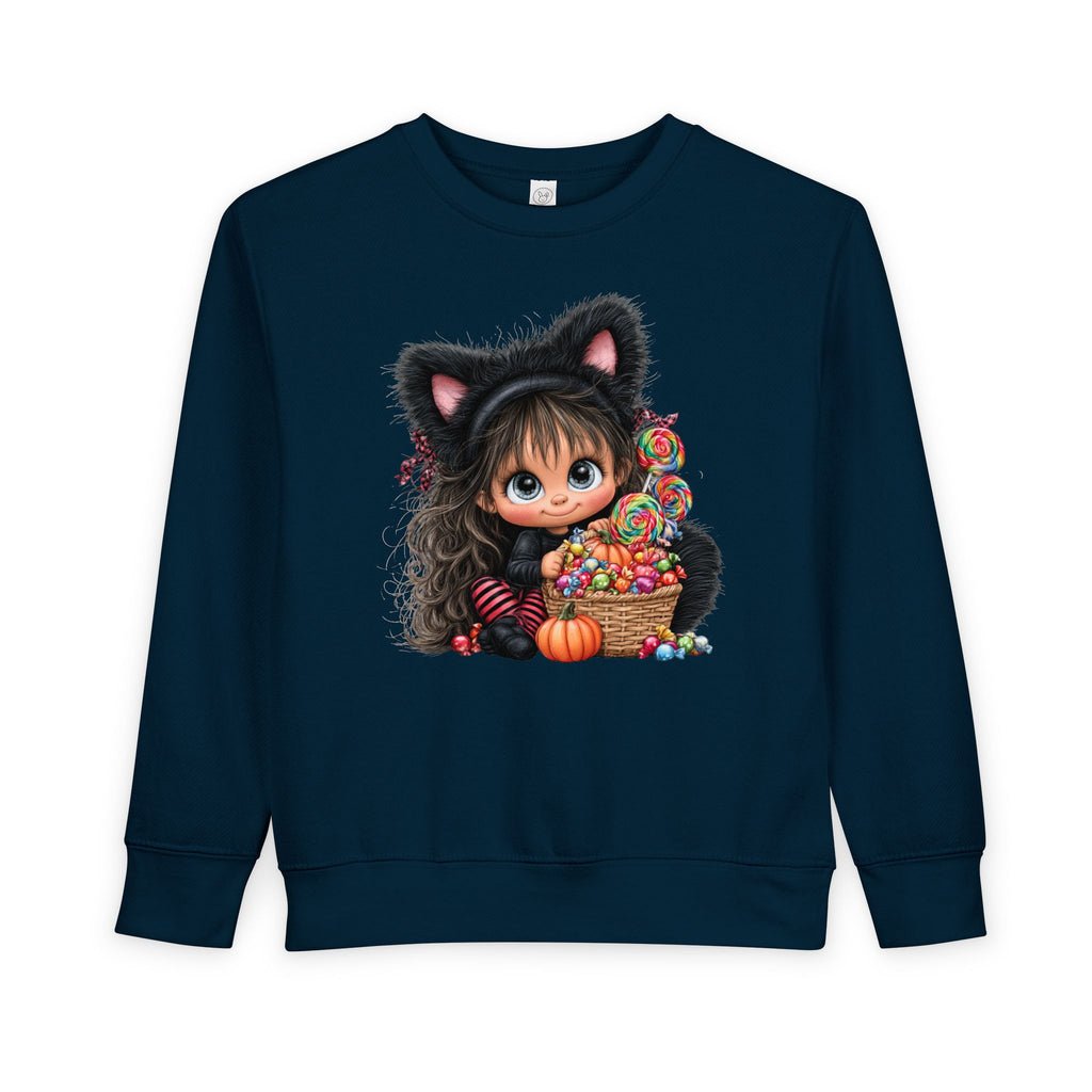 Toddler Sweatshirt — Cute Black Cat Costume Kid's Halloween Sweatshirt with Candy Basket