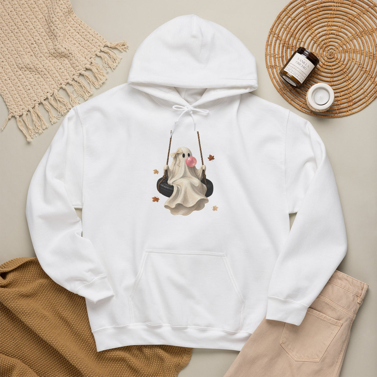 Cute Bubblegum Ghost on a Swing - Halloween Hoodie