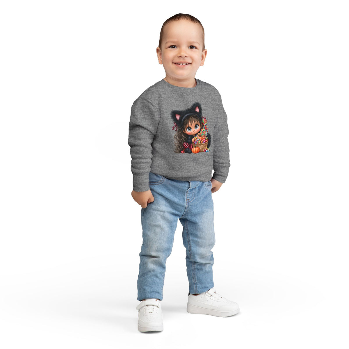 Toddler Sweatshirt — Cute Black Cat Costume Kid's Halloween Sweatshirt with Candy Basket