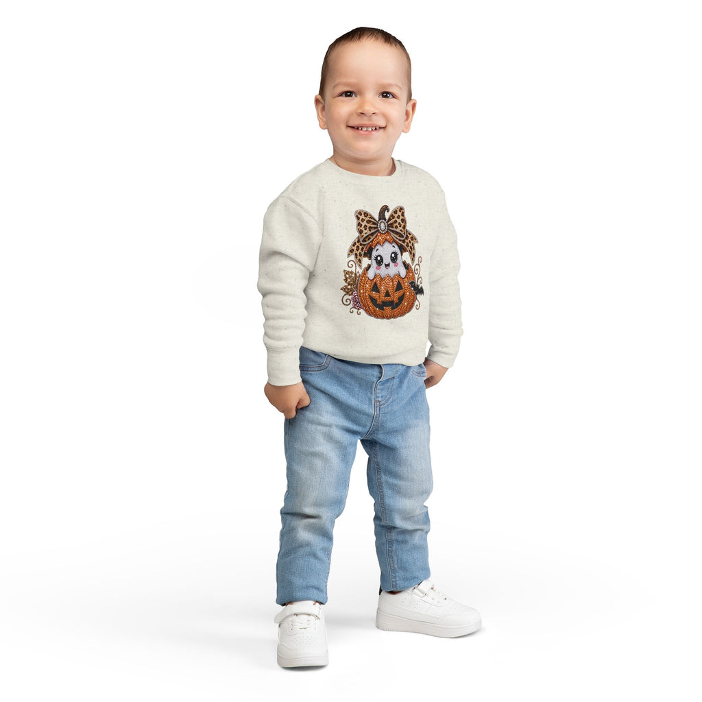 Kids Halloween Sweatshirt — Cute Ghost in Leopard Bow Pumpkin