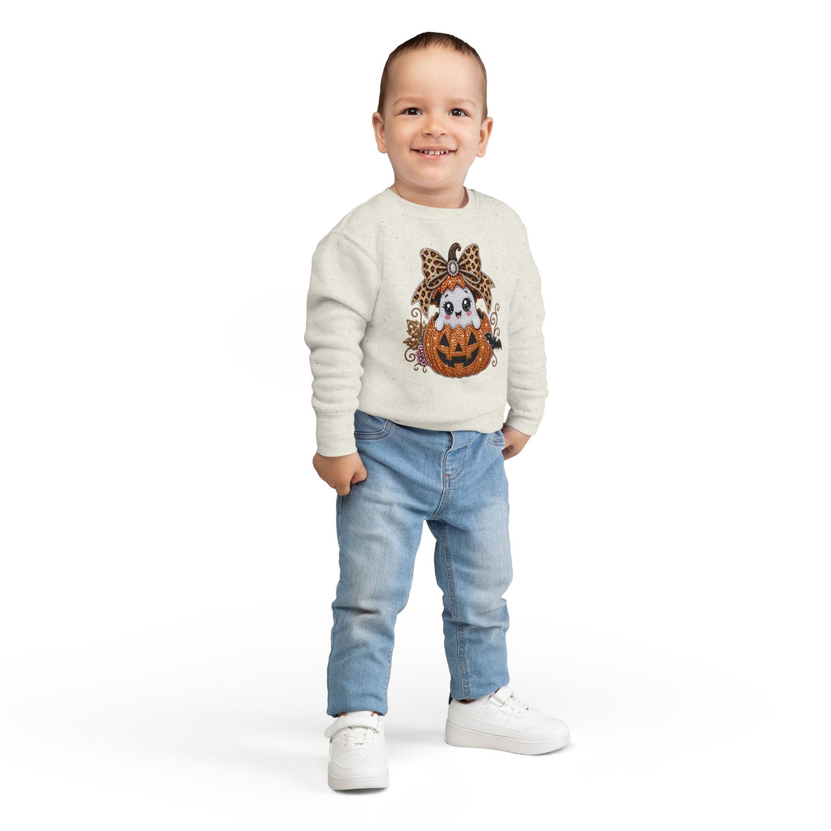 Kids Halloween Sweatshirt — Cute Ghost in Leopard Bow Pumpkin