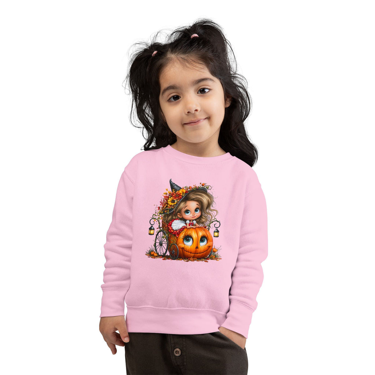 Toddler Sweatshirt — Cute Halloween Pumpkin Witch Girl Fall Crewneck