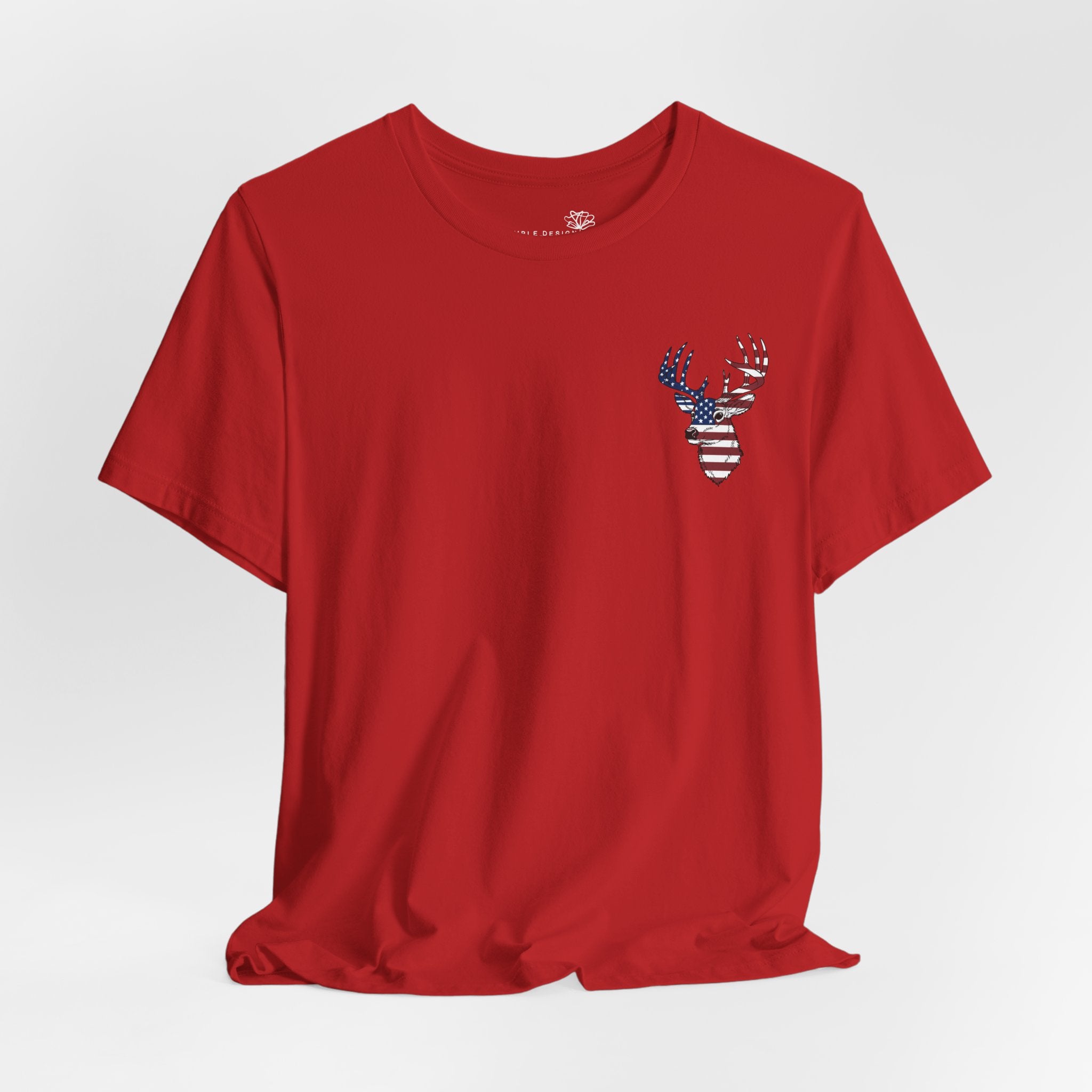 Patriotic Deer Head Graphic Tee — Red White & Blue Double-Sided Hunting Shirt | S–3XL