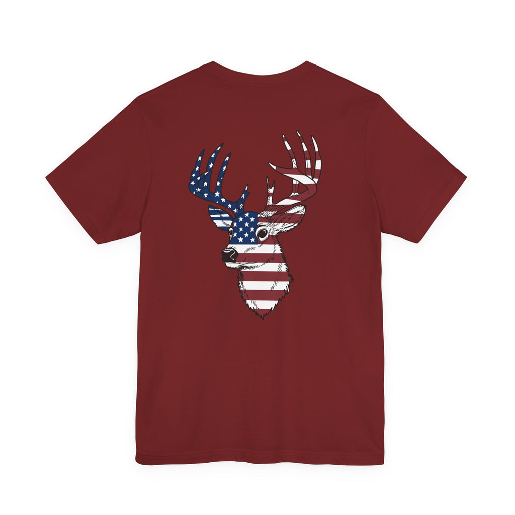 Patriotic Deer Head Graphic Tee — Red White & Blue Double-Sided Hunting Shirt | S–3XL
