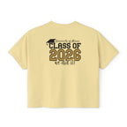Class of 2026 FRONT & BACK Women's Boxy, Slightly Cropped Tee – Customize School Name Optional Graduation T‑Shirt