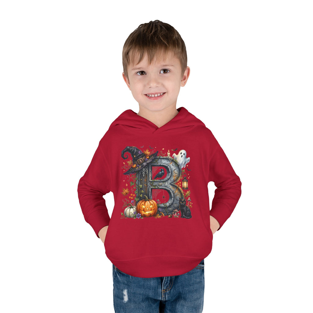 Toddler Hoodie — Halloween Custom Initial Pullover (Witch Hat, Pumpkin & Ghosts)