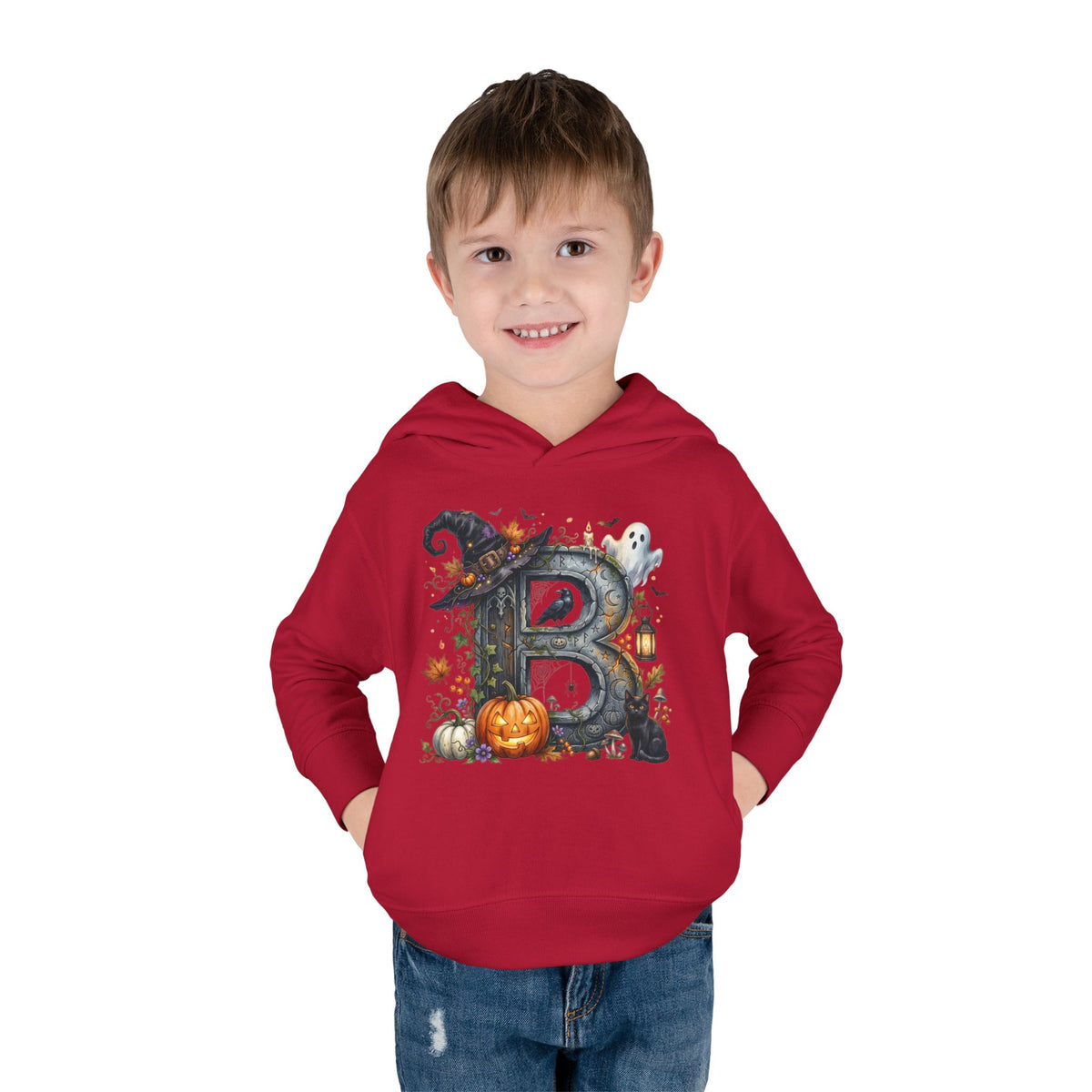 Toddler Hoodie — Halloween Custom Initial Pullover (Witch Hat, Pumpkin & Ghosts)