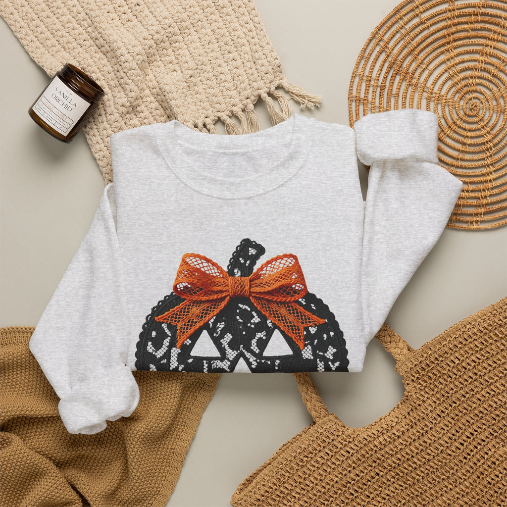 Lace Pumpkin & Orange Bow 3D Graphic | Halloween Pullover Sweatshirt