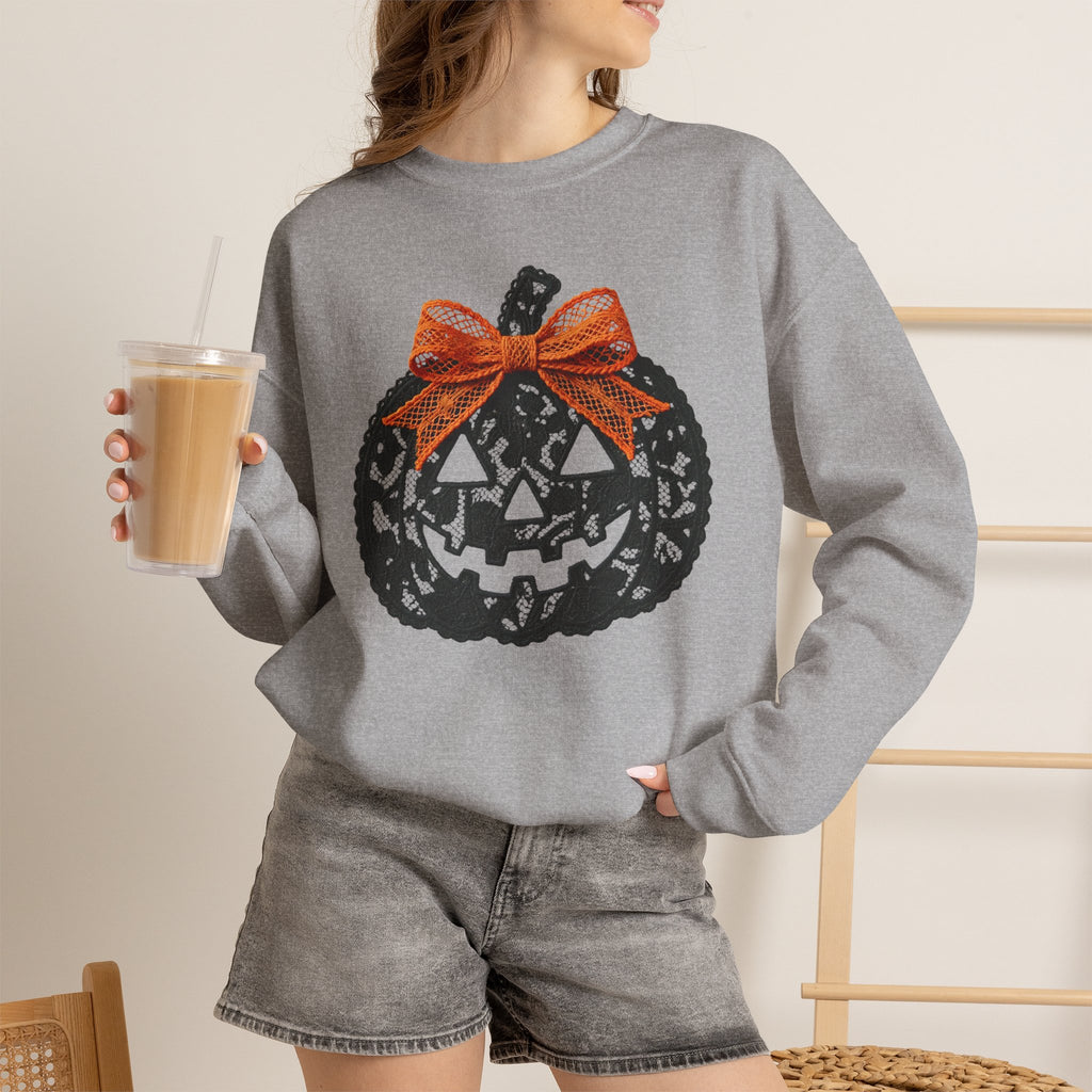 Lace Pumpkin & Orange Bow 3D Graphic | Halloween Pullover Sweatshirt