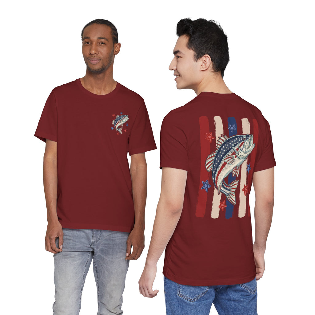 Patriotic Bass Fishing Graphic Tee — Red White & Blue Double-Sided Fishing Shirt | S–3XL