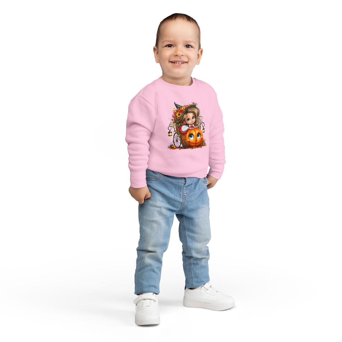 Toddler Sweatshirt — Cute Halloween Pumpkin Witch Girl Fall Crewneck