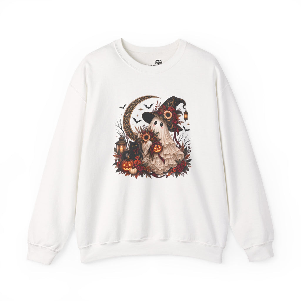 Ghost Witch & Black Cat Autumn Graphic - Pullover Sweatshirt