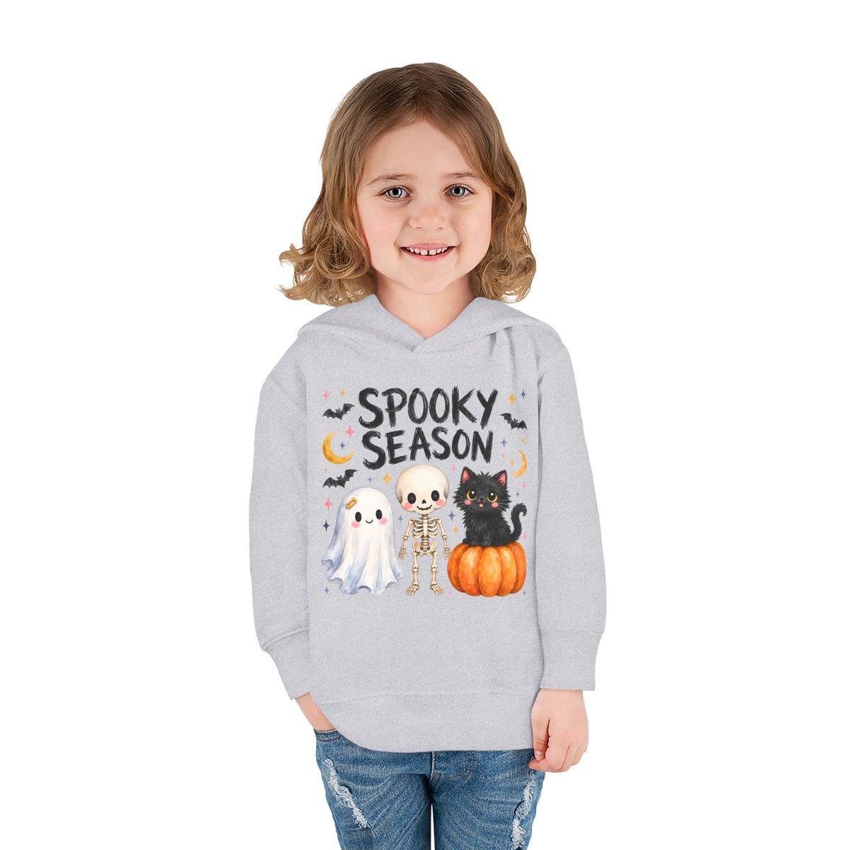 Toddler Hoodie — "Spooky Season" Cute Ghost, Skeleton & Black Cat Halloween Pullover