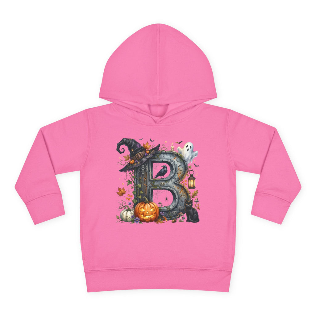 Toddler Hoodie — Halloween Custom Initial Pullover (Witch Hat, Pumpkin & Ghosts)
