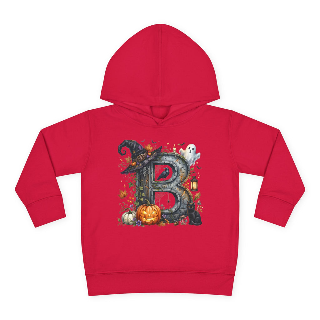 Toddler Hoodie — Halloween Custom Initial Pullover (Witch Hat, Pumpkin & Ghosts)