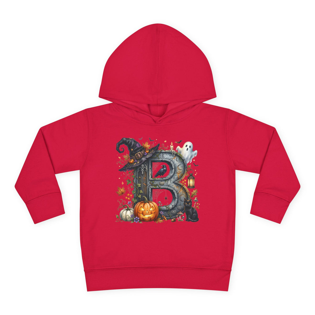 Toddler Hoodie — Halloween Custom Initial Pullover (Witch Hat, Pumpkin & Ghosts)