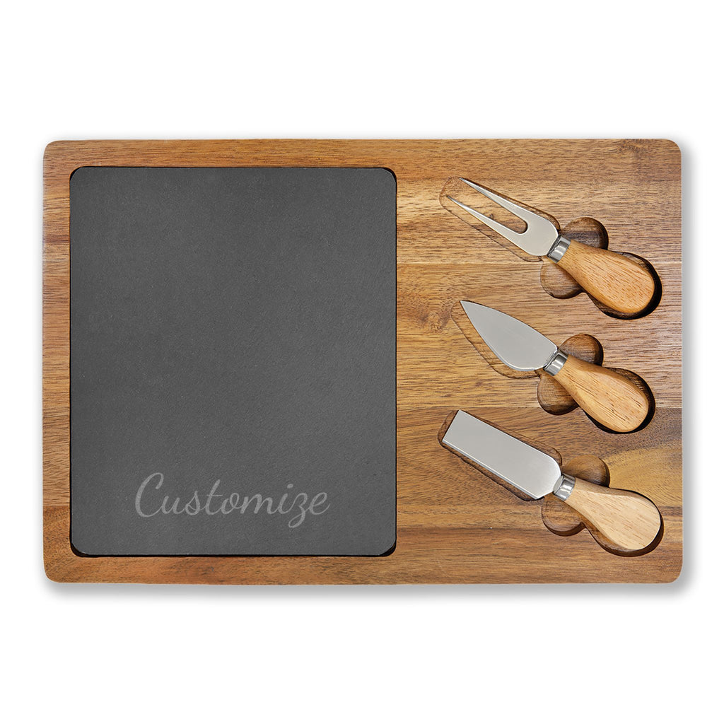 Engraved Acacia Charcuterie Board with Knives — Custom Cutting Board Set