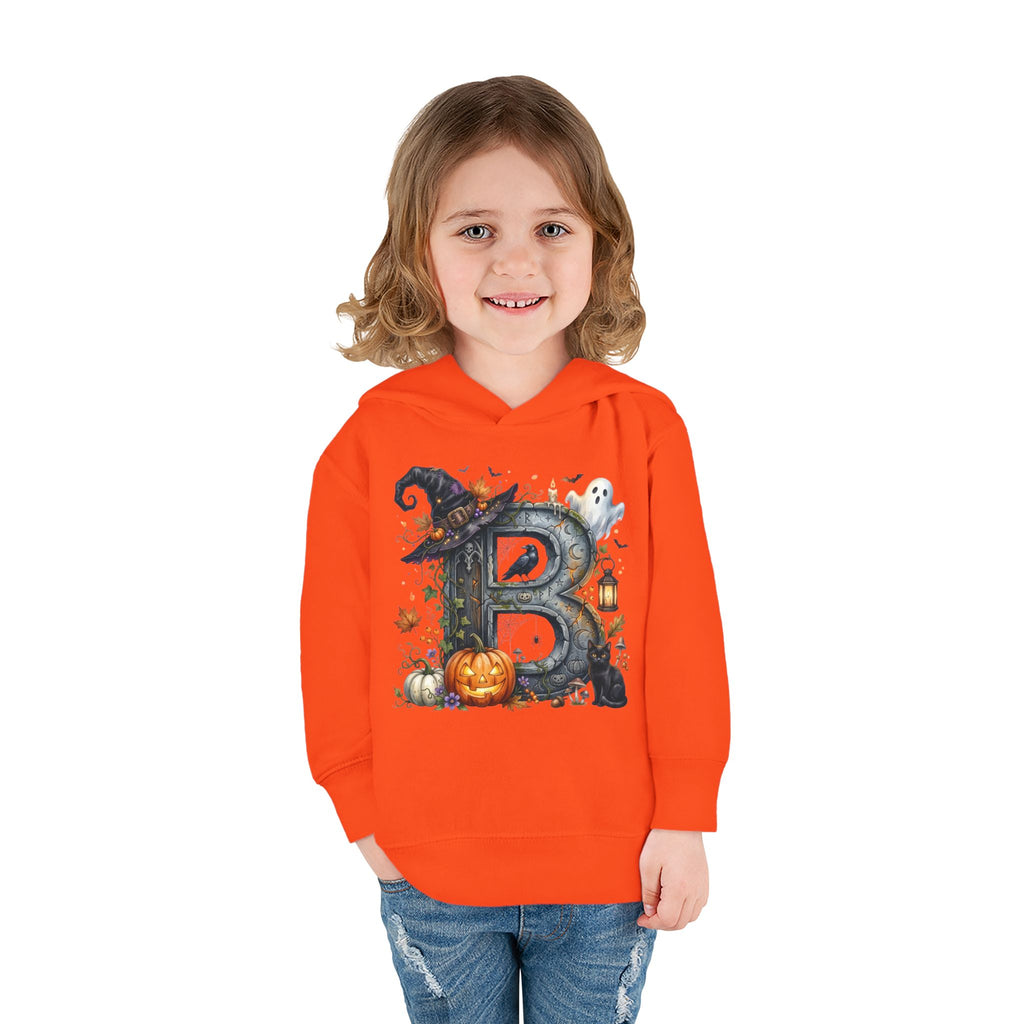 Toddler Hoodie — Halloween Custom Initial Pullover (Witch Hat, Pumpkin & Ghosts)