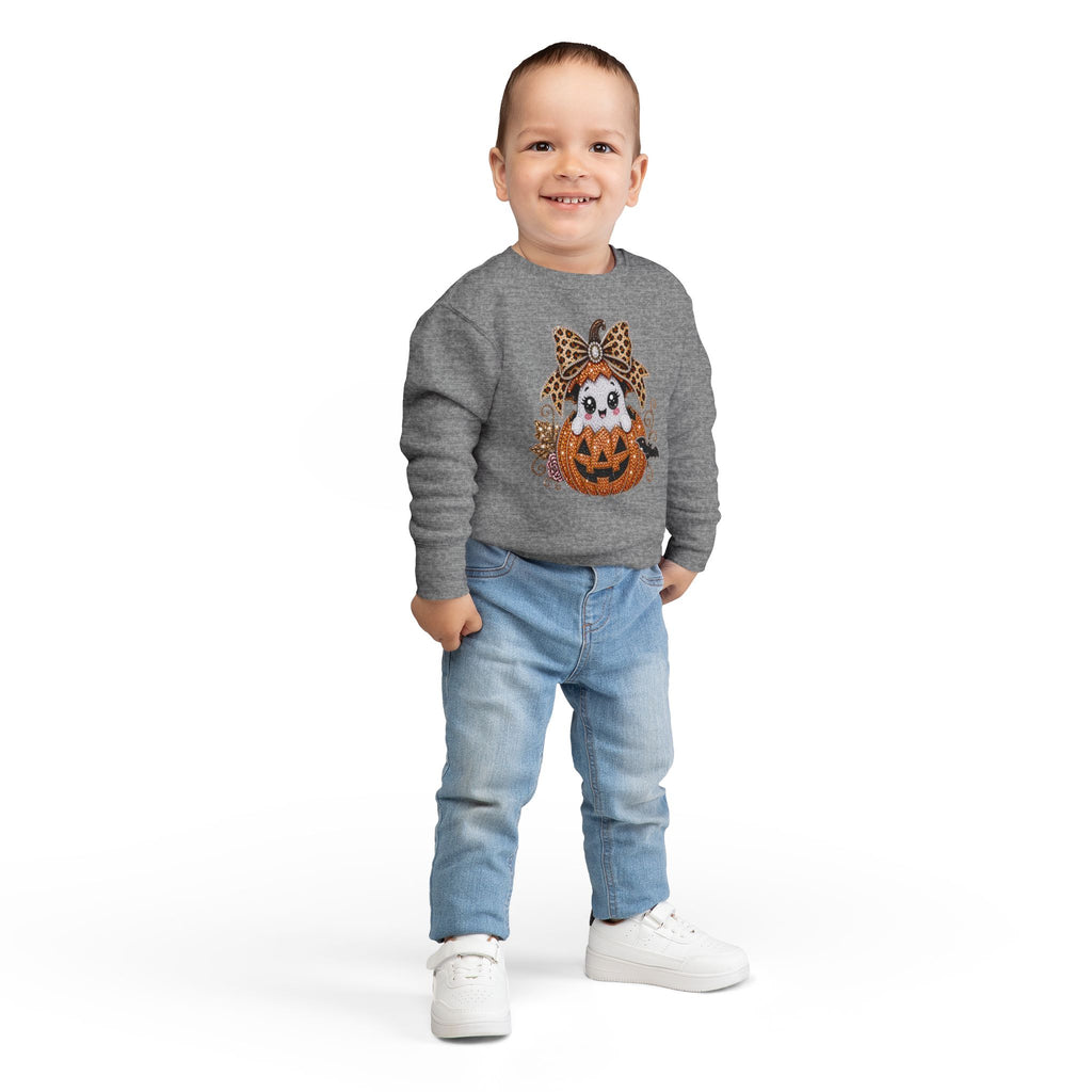Kids Halloween Sweatshirt — Cute Ghost in Leopard Bow Pumpkin