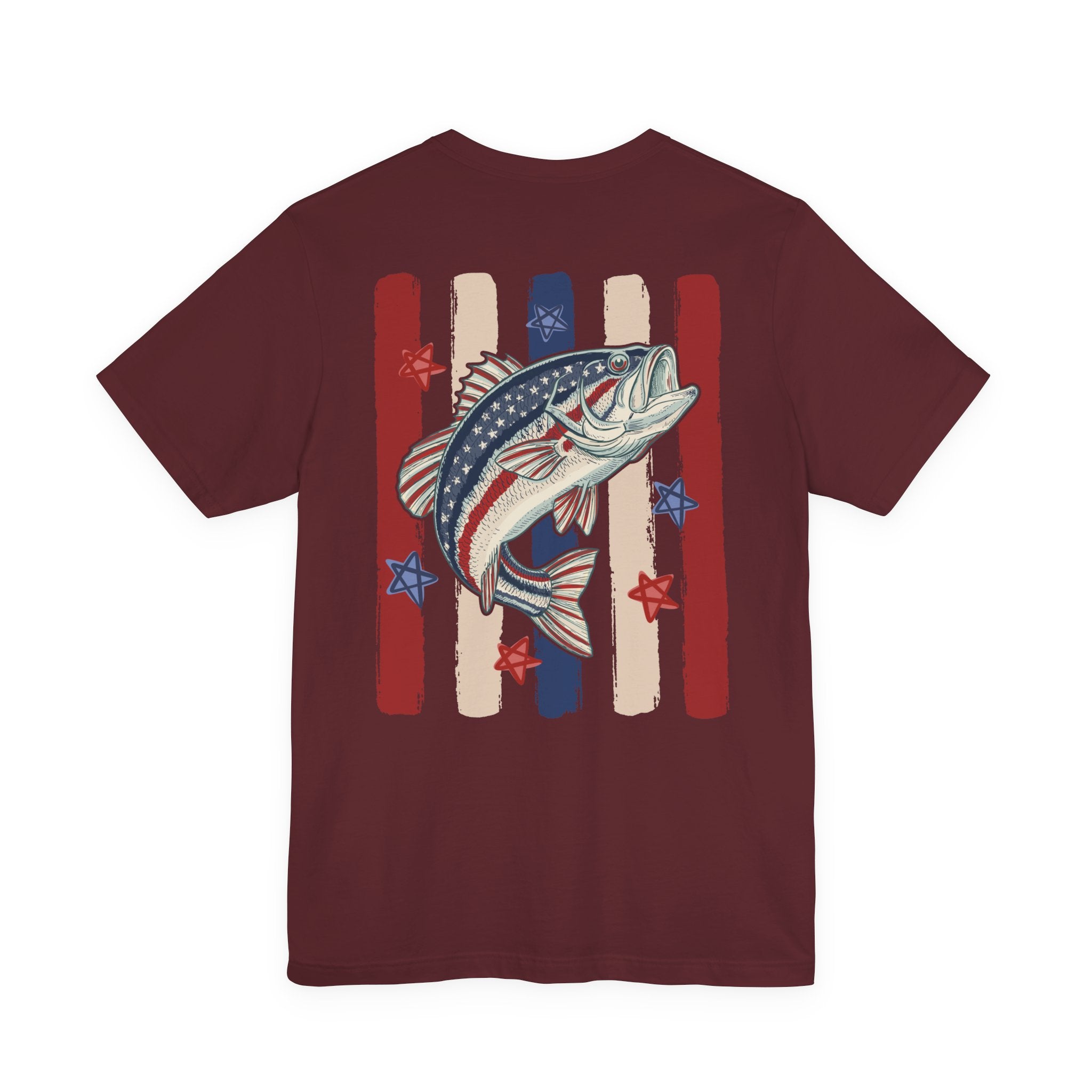 Patriotic Bass Fishing Graphic Tee — Red White & Blue Double-Sided Fishing Shirt | S–3XL