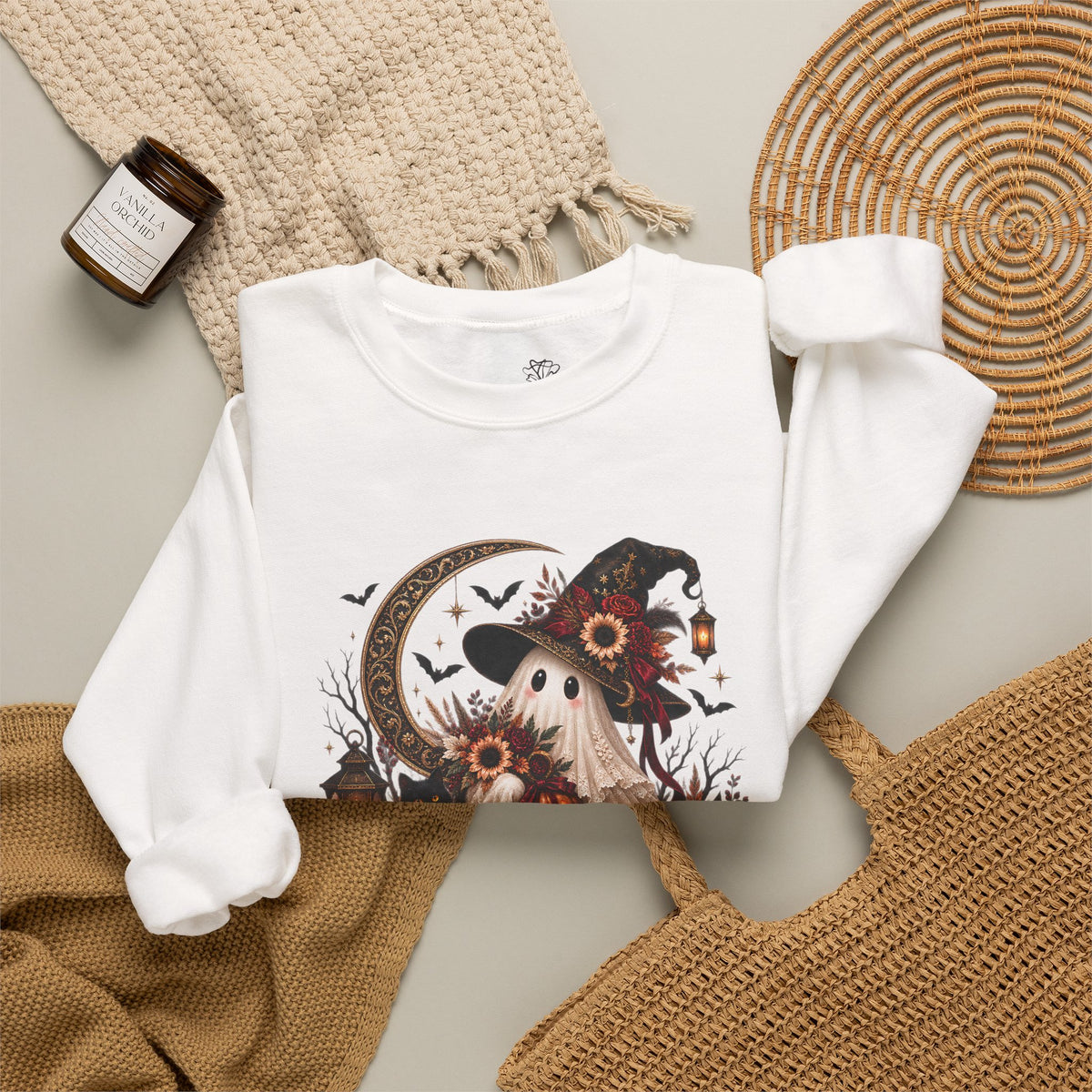Ghost Witch & Black Cat Autumn Graphic - Pullover Sweatshirt