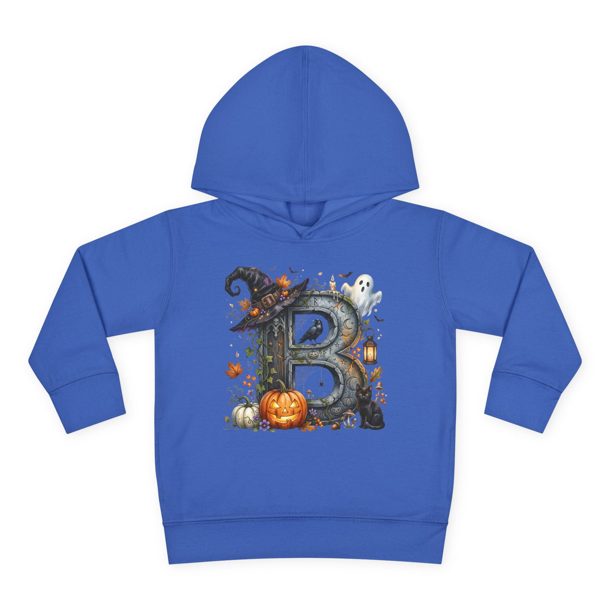 Toddler Hoodie — Halloween Custom Initial Pullover (Witch Hat, Pumpkin & Ghosts)
