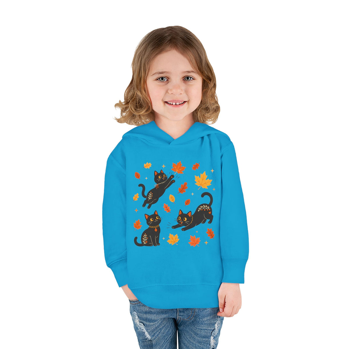 Toddler Hoodie — Playful Black Cats with Falling Autumn Leaves