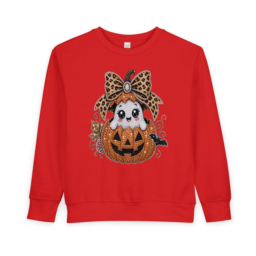 Kids Halloween Sweatshirt — Cute Ghost in Leopard Bow Pumpkin