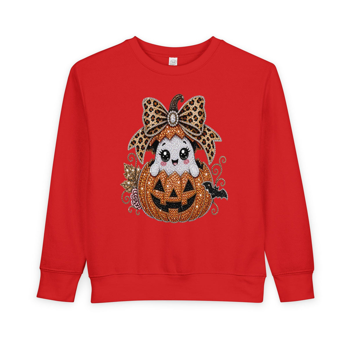 Kids Halloween Sweatshirt — Cute Ghost in Leopard Bow Pumpkin