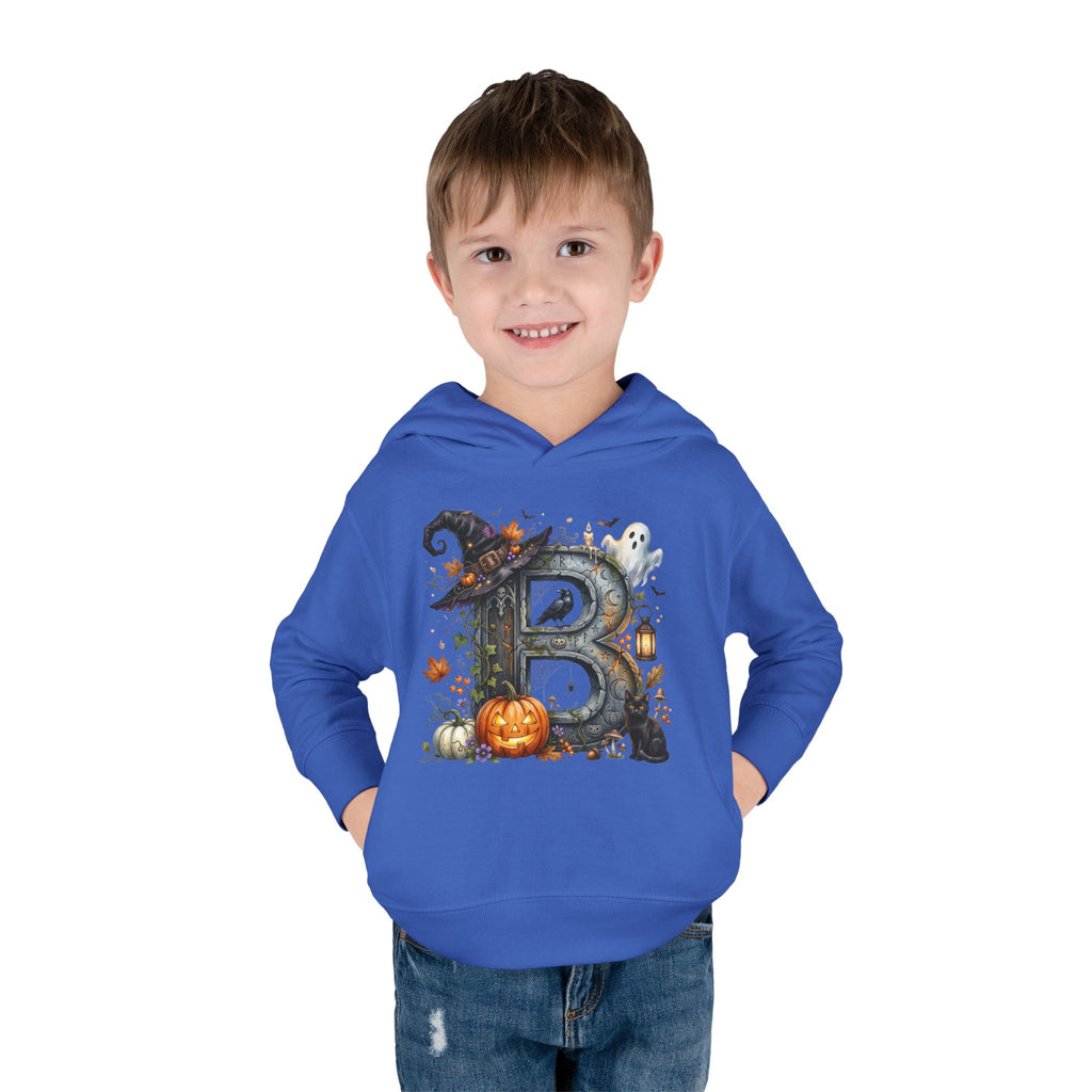 Toddler Hoodie — Halloween Custom Initial Pullover (Witch Hat, Pumpkin & Ghosts)