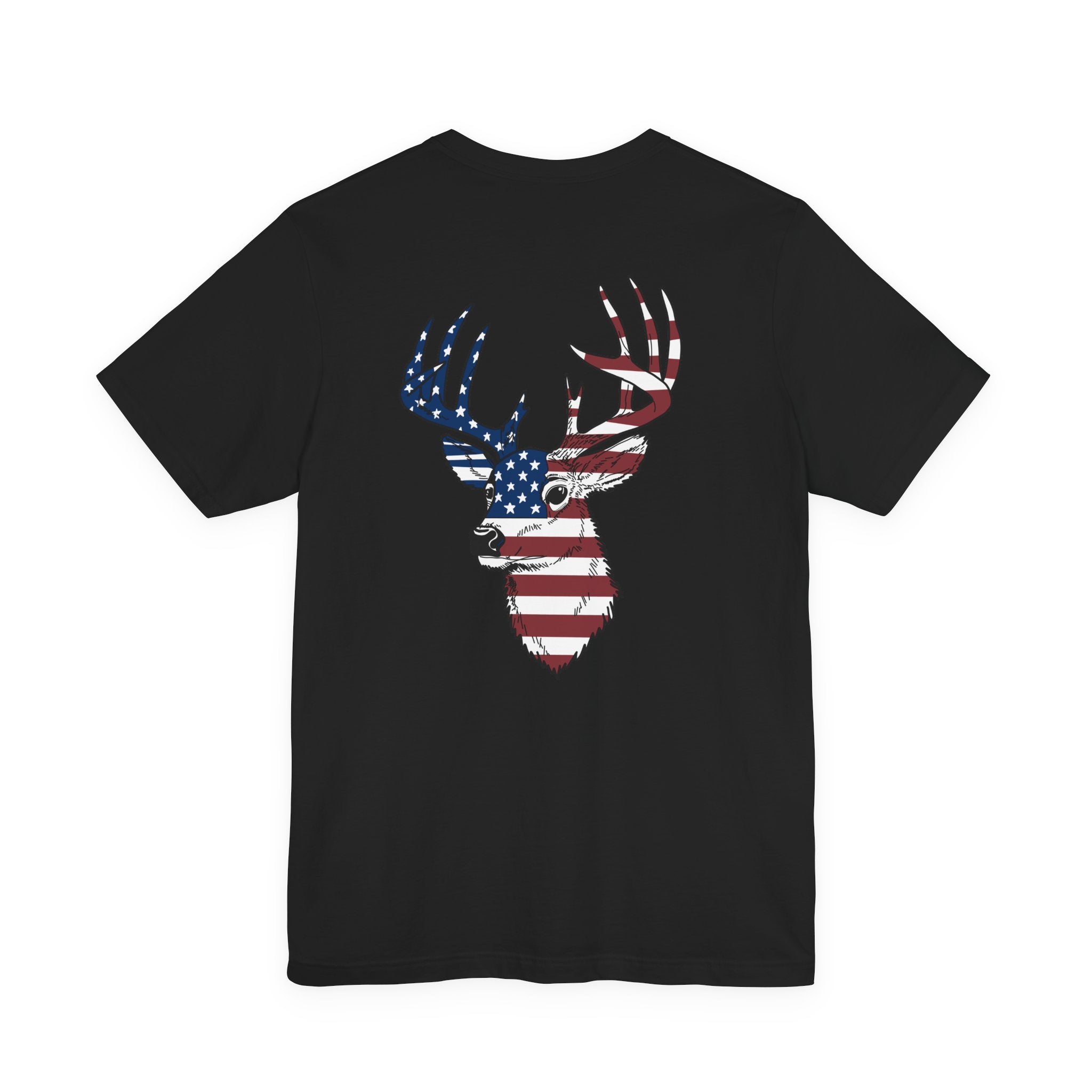 Patriotic Deer Head Graphic Tee — Red White & Blue Double-Sided Hunting Shirt | S–3XL