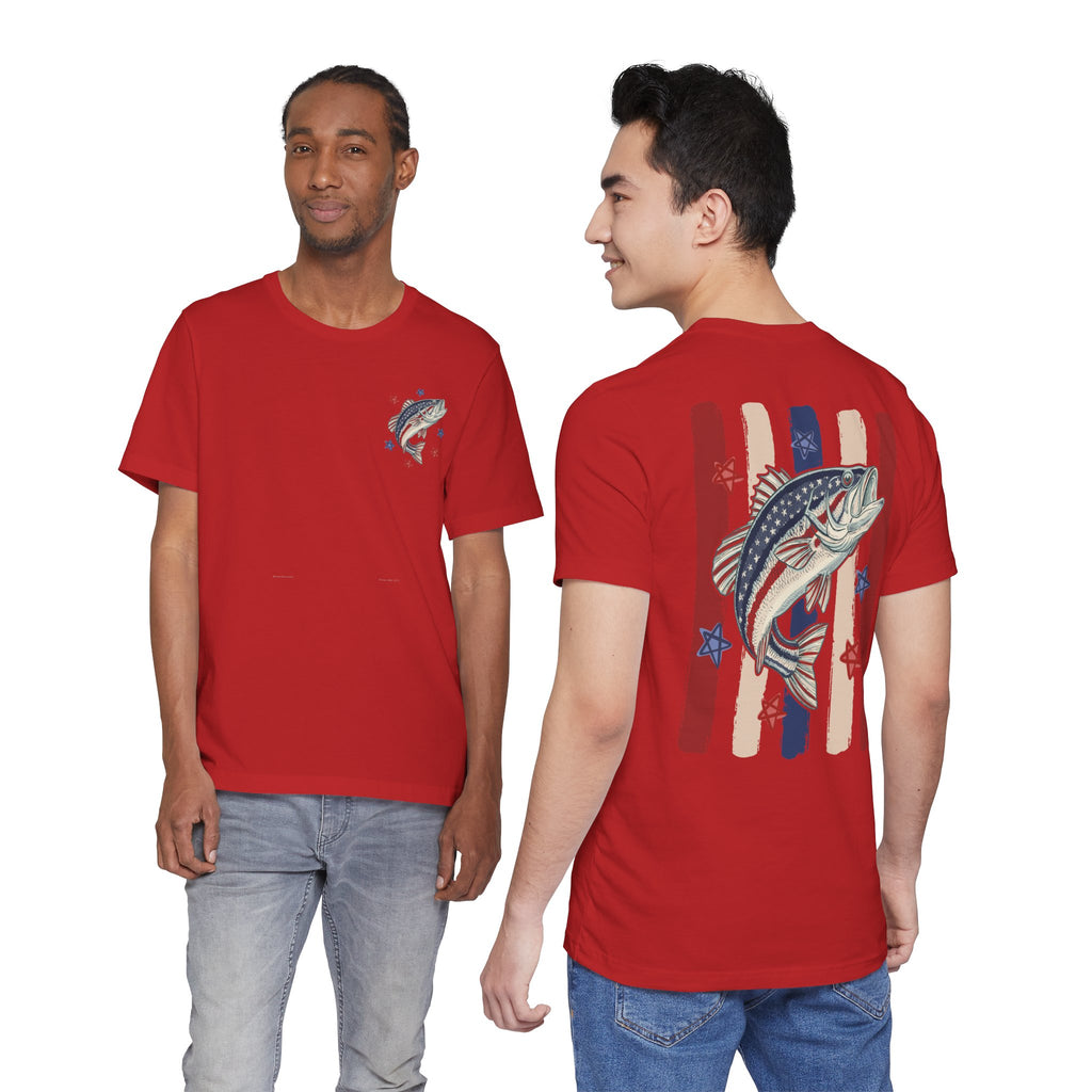 Patriotic Bass Fishing Graphic Tee — Red White & Blue Double-Sided Fishing Shirt | S–3XL