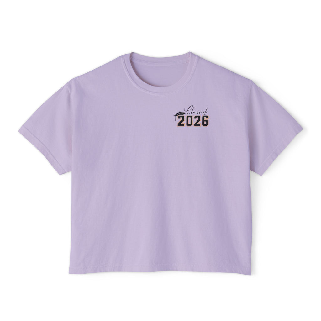 Class of 2026 FRONT & BACK Women's Boxy, Slightly Cropped Tee – Customize School Name Optional Graduation T‑Shirt