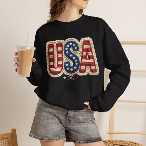 USA Faux Crochet Crewneck Sweatshirt — Patriotic Boho Graphic Sweatshirt | S–3XL