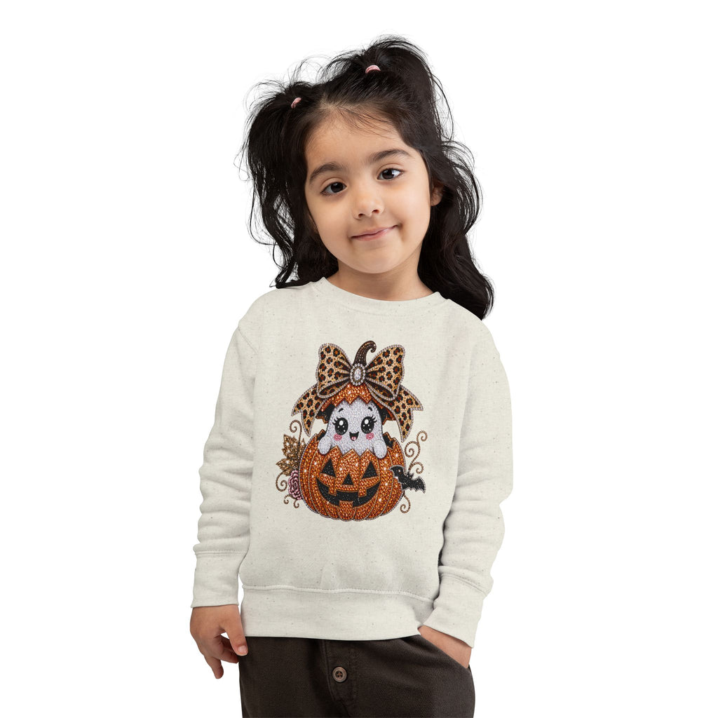 Kids Halloween Sweatshirt — Cute Ghost in Leopard Bow Pumpkin