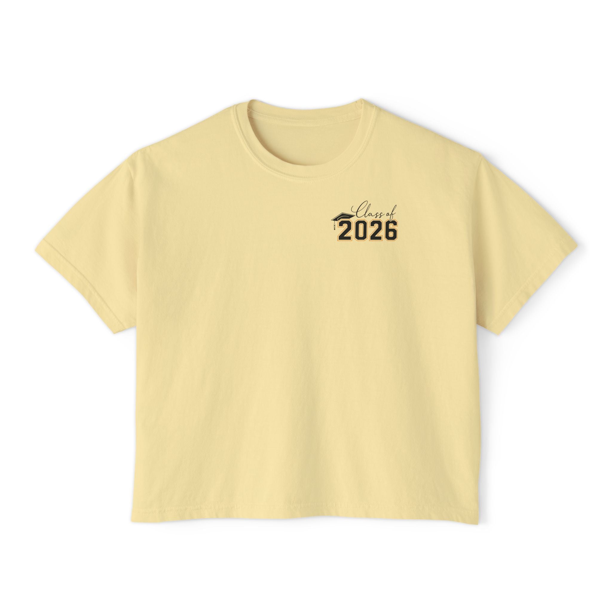 Class of 2026 FRONT & BACK Women's Boxy, Slightly Cropped Tee – Customize School Name Optional Graduation T‑Shirt